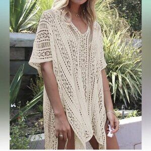 Crochet One Size Swim Cover Up Caftan Creamy White Knit